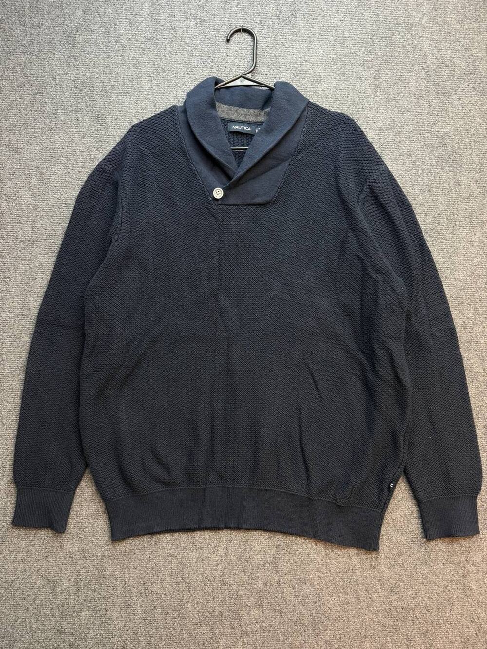 Nautica Men’s XL Navy Blue Shawl Collar Pullover Sweater One Button Knit